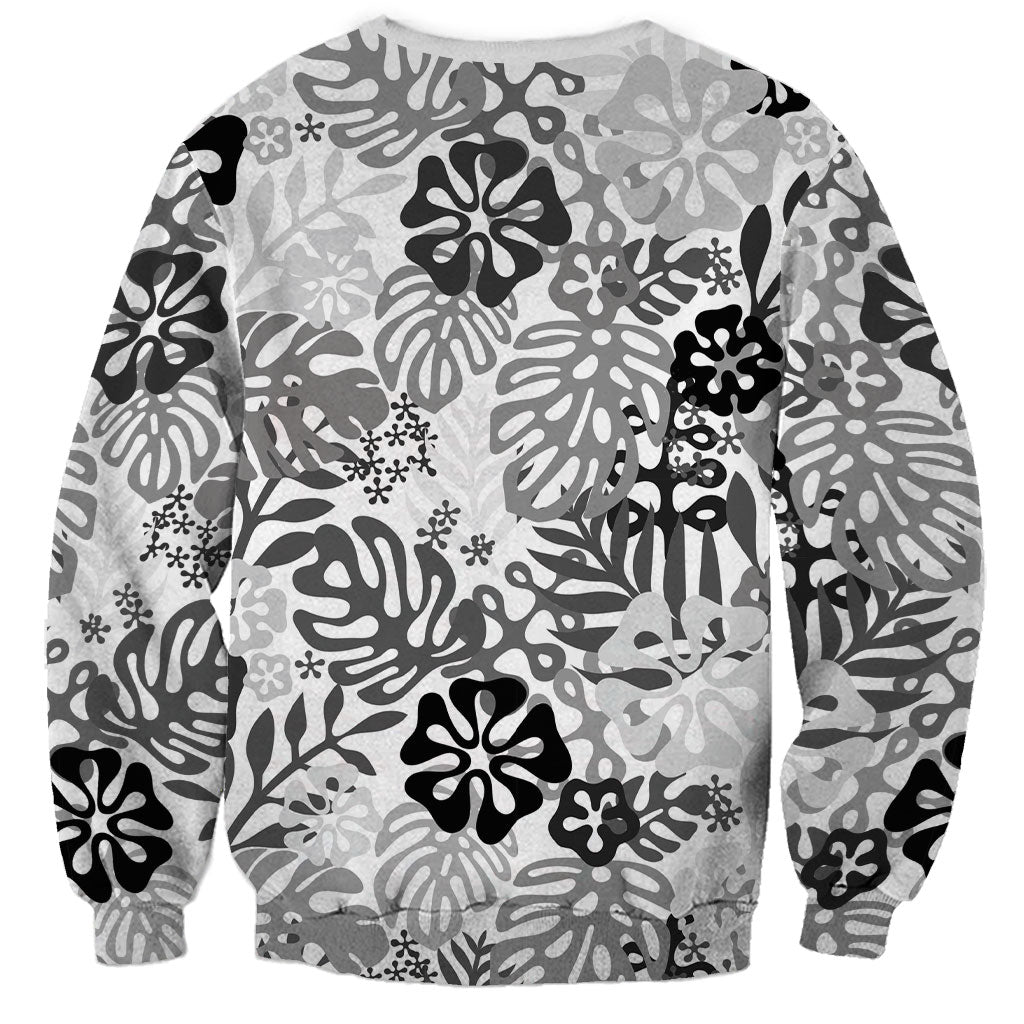 White Aloha Hawaiian Sweatshirt Monstera Hibiscus Tropical Pattern