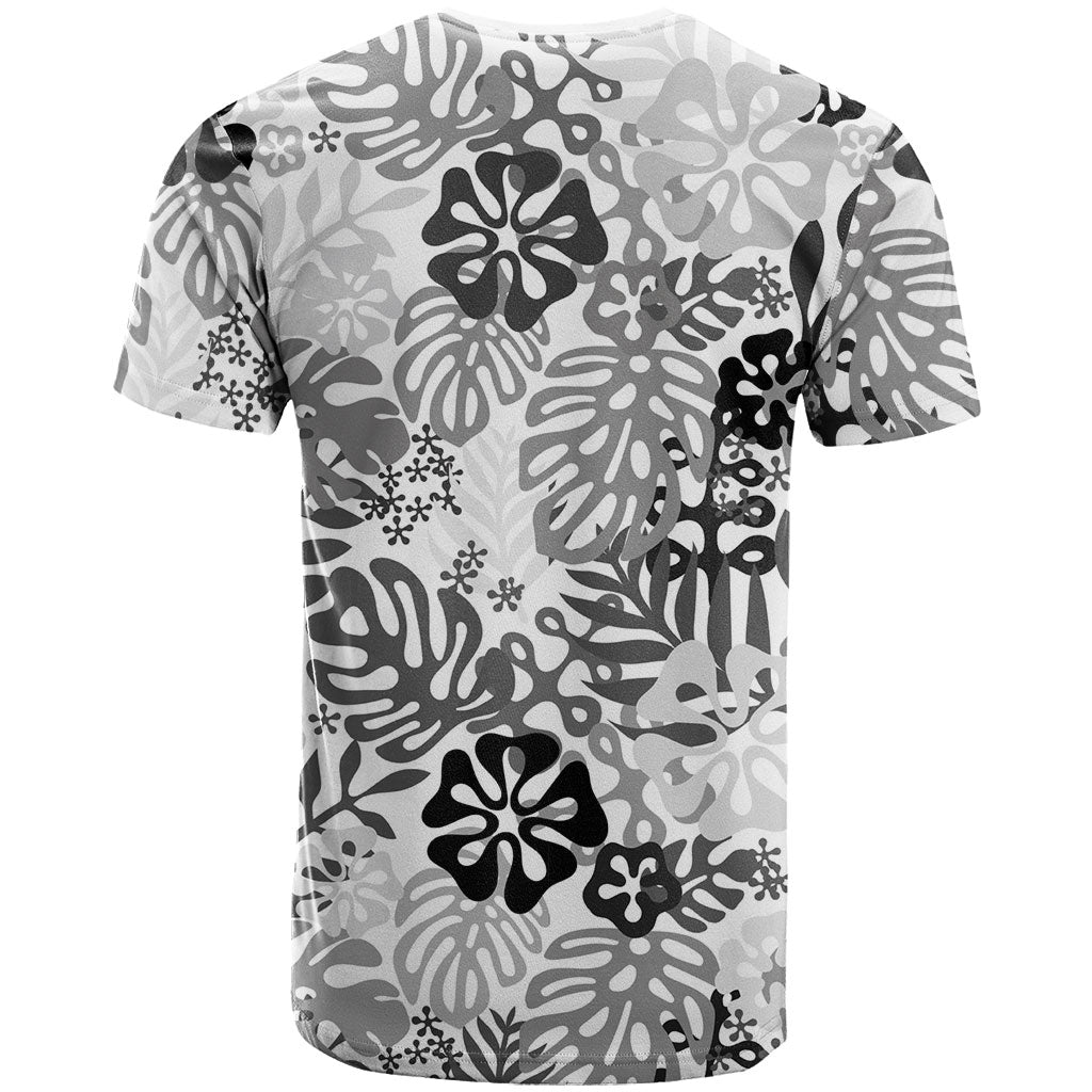 White Aloha Hawaiian T Shirt Monstera Hibiscus Tropical Pattern