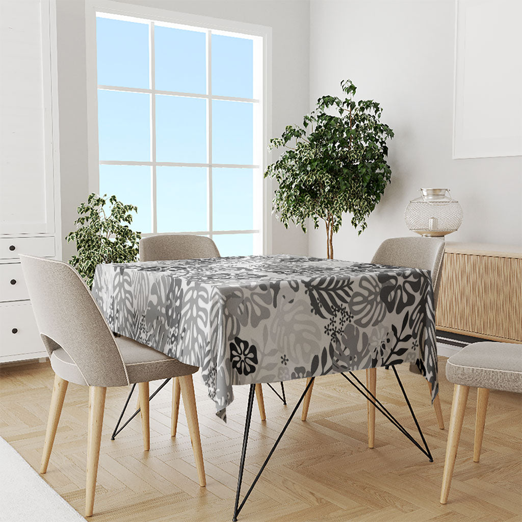 White Aloha Hawaiian Tablecloth Monstera Hibiscus Tropical Pattern