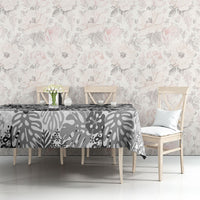 White Aloha Hawaiian Tablecloth Monstera Hibiscus Tropical Pattern
