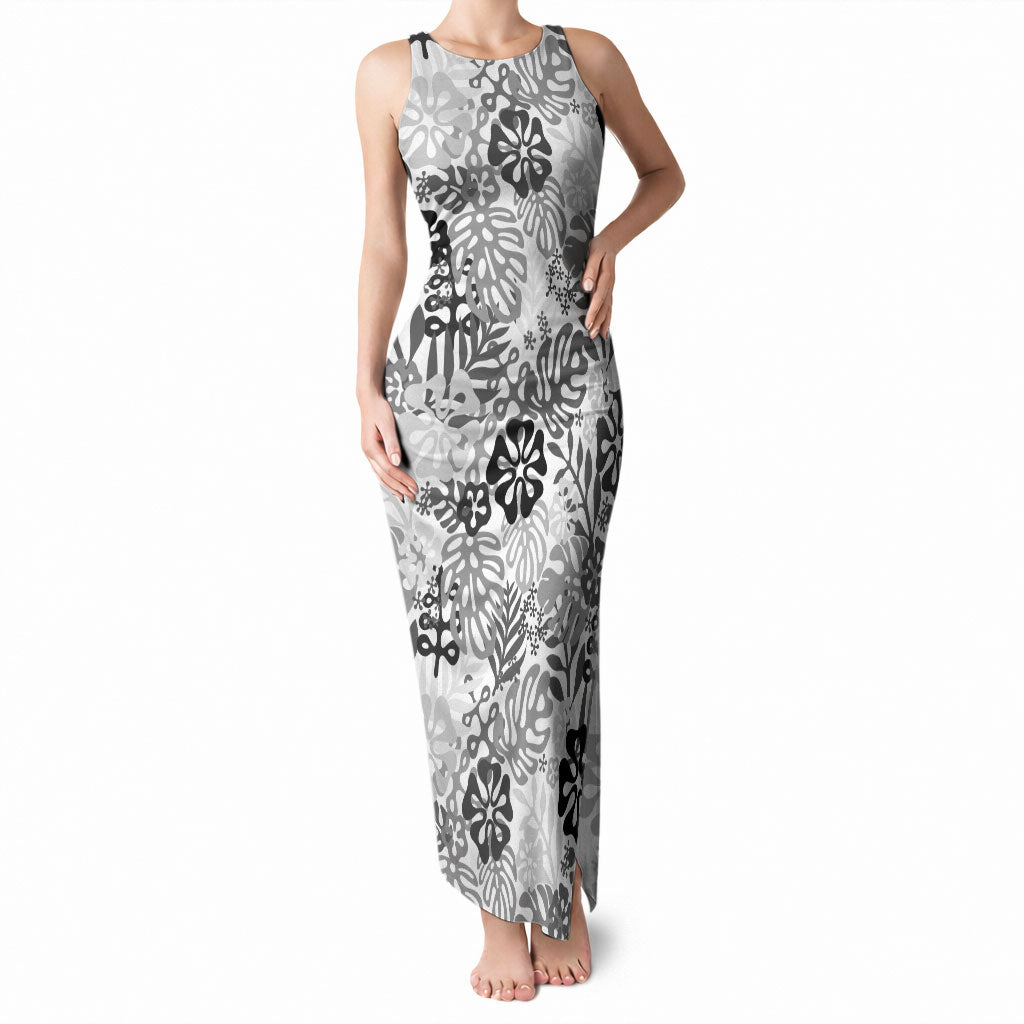 White Aloha Hawaiian Tank Maxi Dress Monstera Hibiscus Tropical Pattern