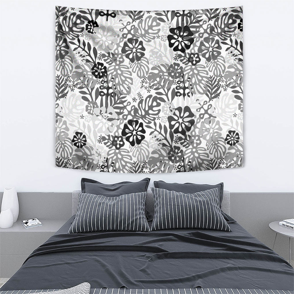 White Aloha Hawaiian Tapestry Monstera Hibiscus Tropical Pattern