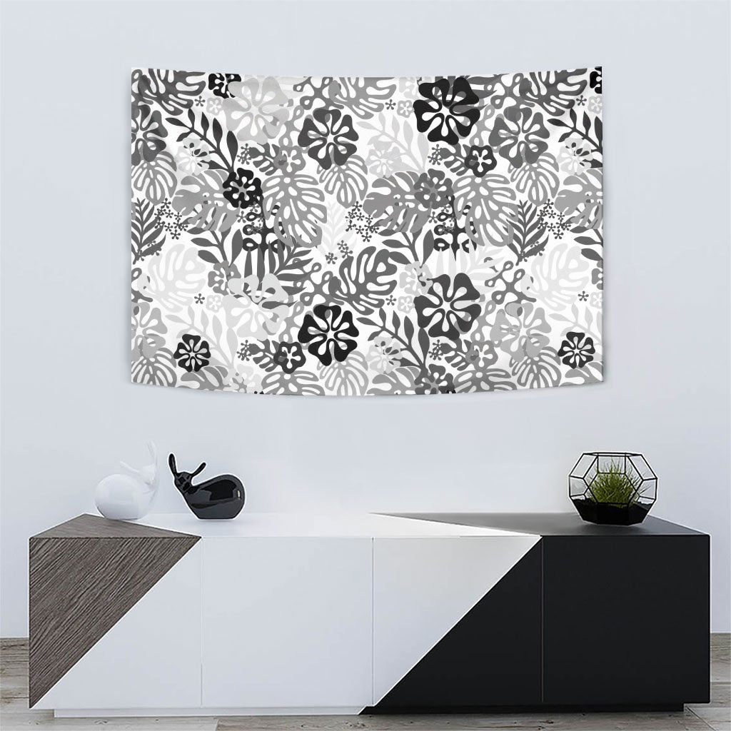 White Aloha Hawaiian Tapestry Monstera Hibiscus Tropical Pattern