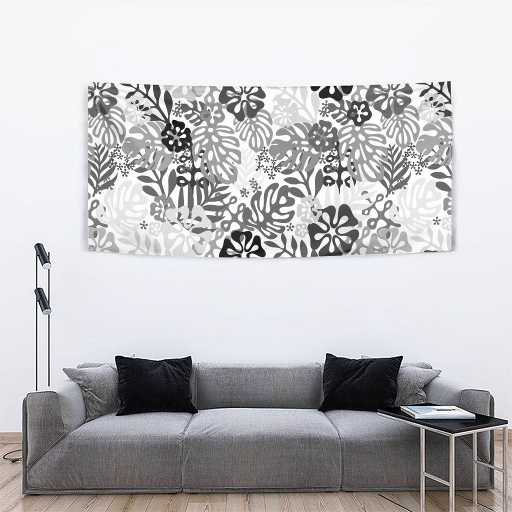 White Aloha Hawaiian Tapestry Monstera Hibiscus Tropical Pattern