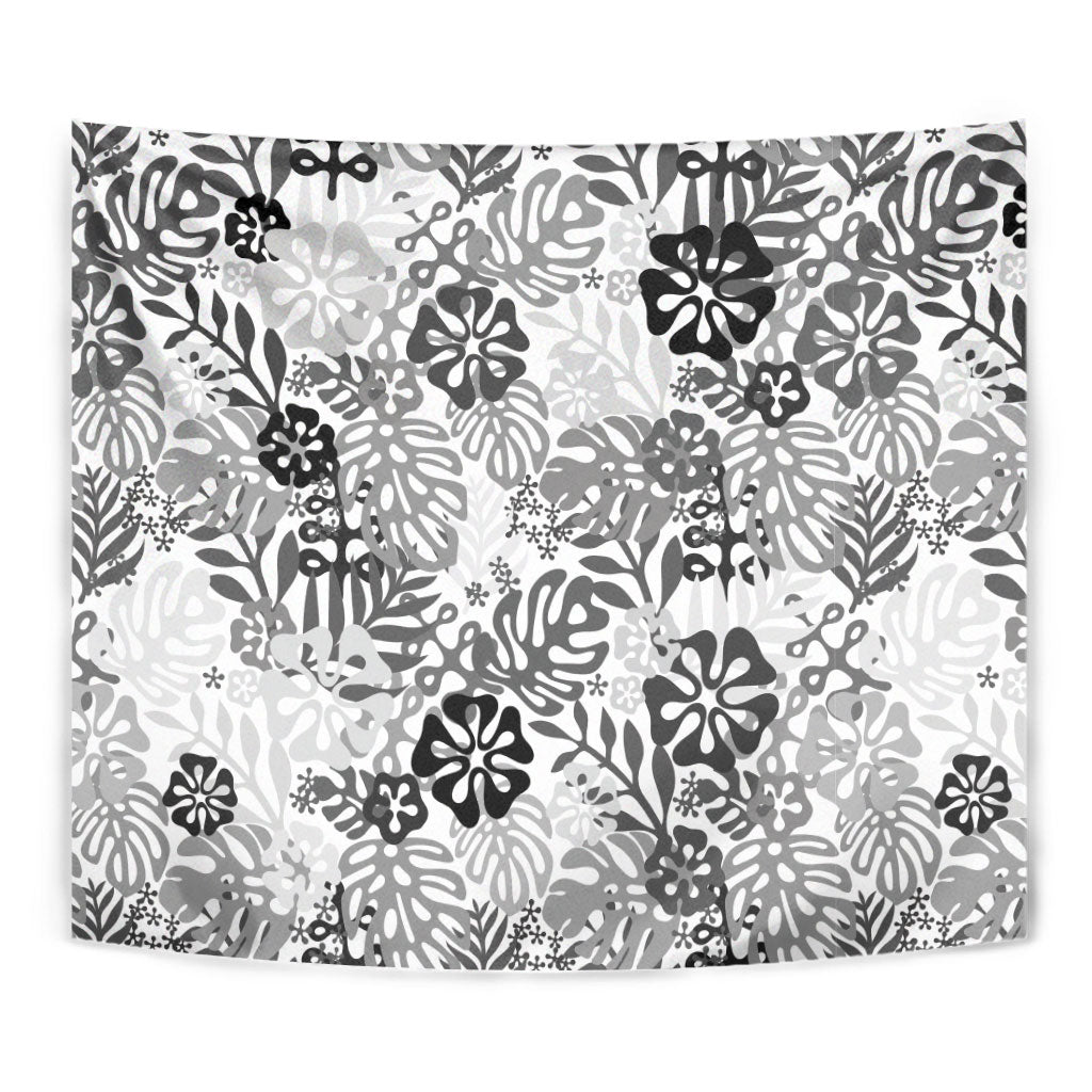 White Aloha Hawaiian Tapestry Monstera Hibiscus Tropical Pattern