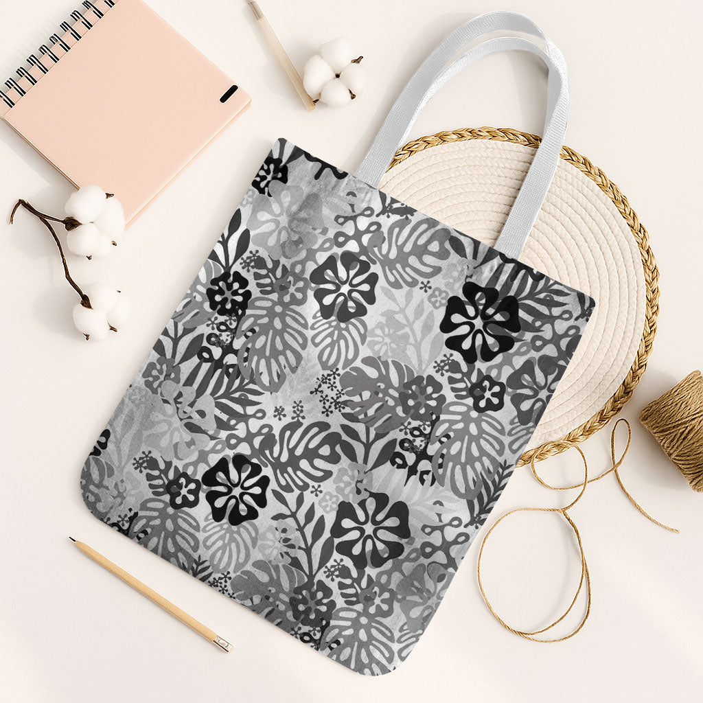 White Aloha Hawaiian Tote Bag Monstera Hibiscus Tropical Pattern