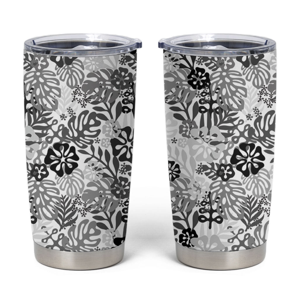 White Aloha Hawaiian Tumbler Cup Monstera Hibiscus Tropical Pattern
