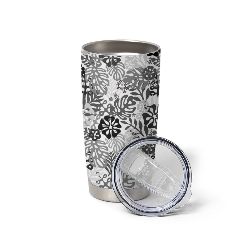 White Aloha Hawaiian Tumbler Cup Monstera Hibiscus Tropical Pattern