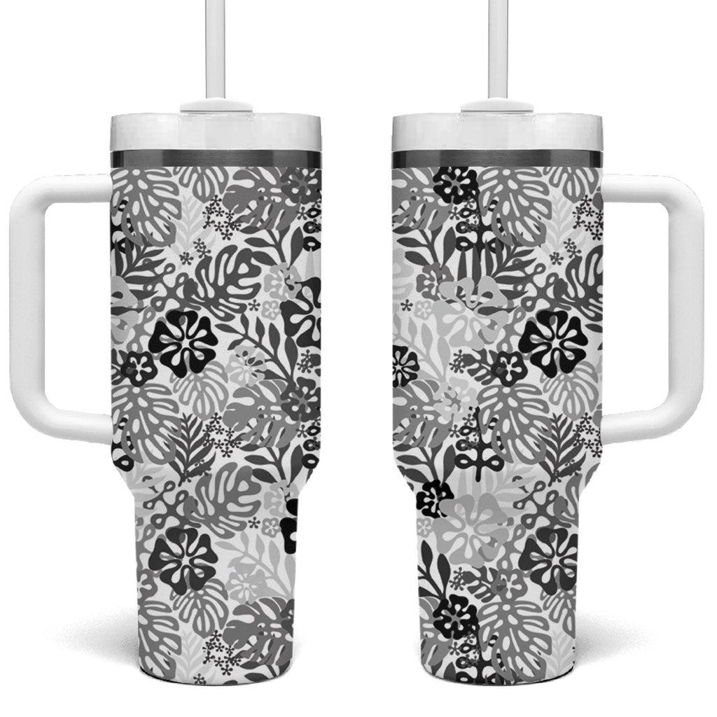 White Aloha Hawaiian Tumbler With Handle Monstera Hibiscus Tropical Pattern