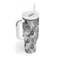 White Aloha Hawaiian Tumbler With Handle Monstera Hibiscus Tropical Pattern