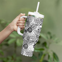 White Aloha Hawaiian Tumbler With Handle Monstera Hibiscus Tropical Pattern