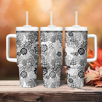 White Aloha Hawaiian Tumbler With Handle Monstera Hibiscus Tropical Pattern