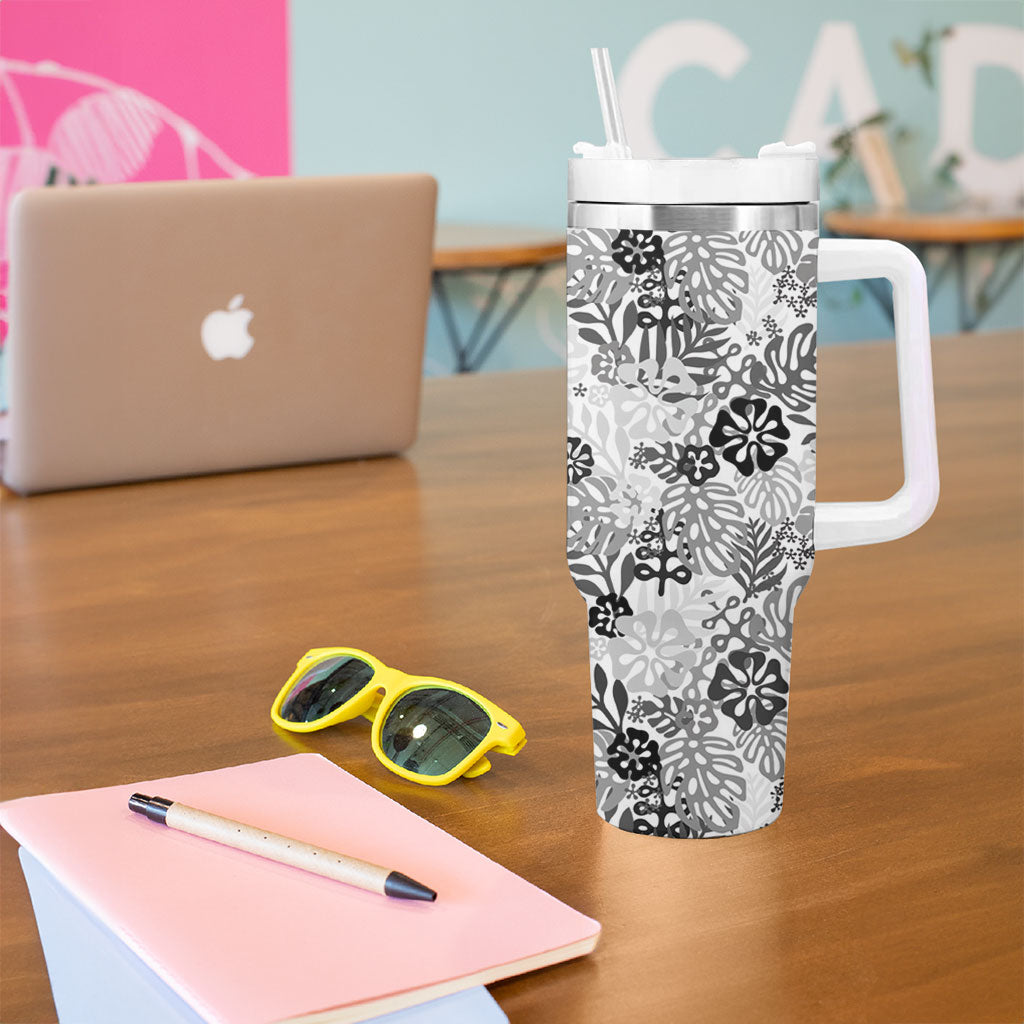 White Aloha Hawaiian Tumbler With Handle Monstera Hibiscus Tropical Pattern