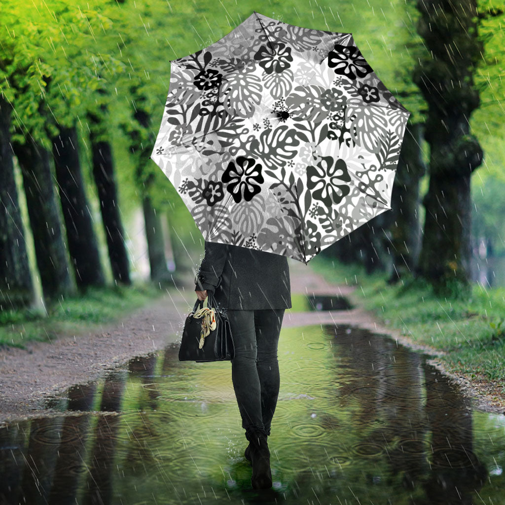 White Aloha Hawaiian Umbrella Monstera Hibiscus Tropical Pattern