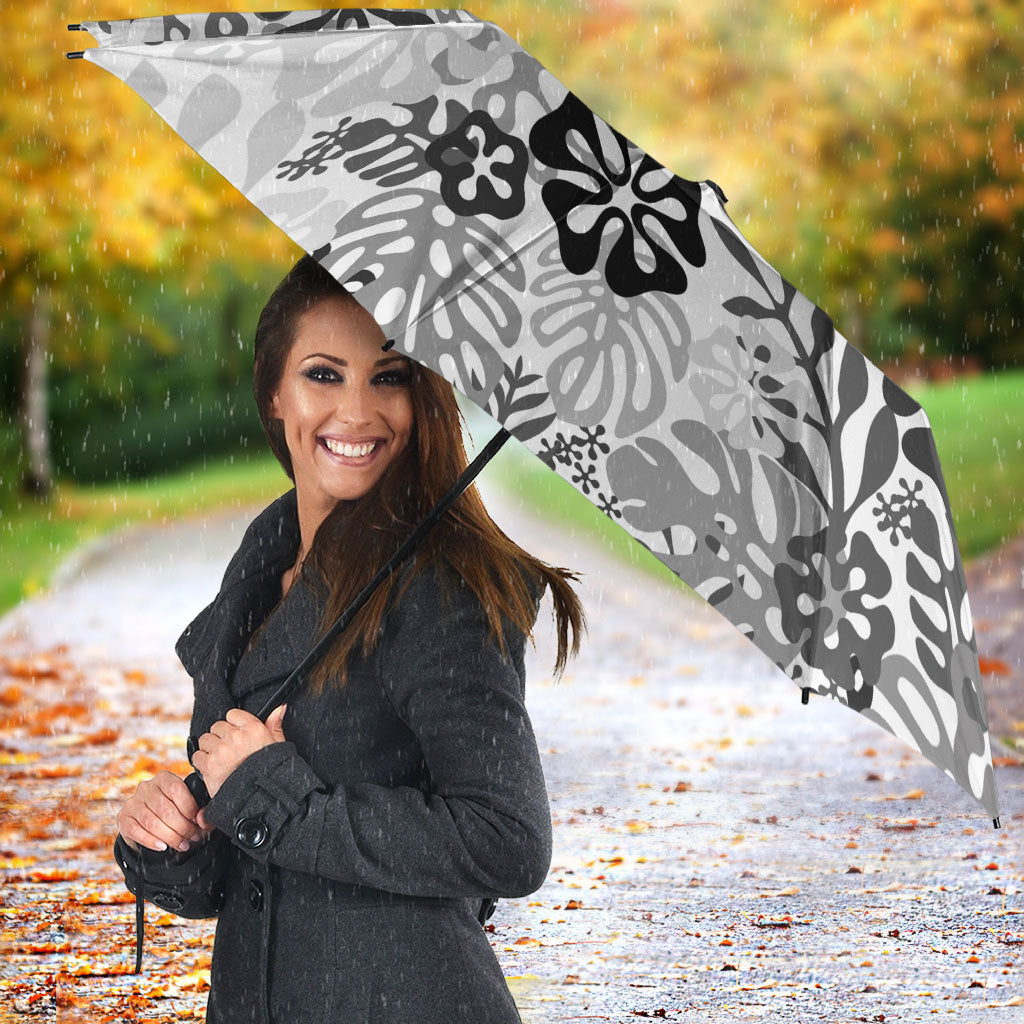 White Aloha Hawaiian Umbrella Monstera Hibiscus Tropical Pattern