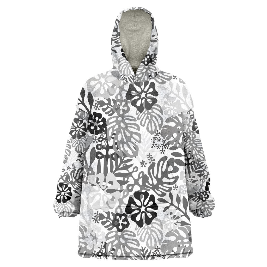 White Aloha Hawaiian Wearable Blanket Hoodie Monstera Hibiscus Tropical Pattern