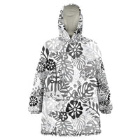 White Aloha Hawaiian Wearable Blanket Hoodie Monstera Hibiscus Tropical Pattern