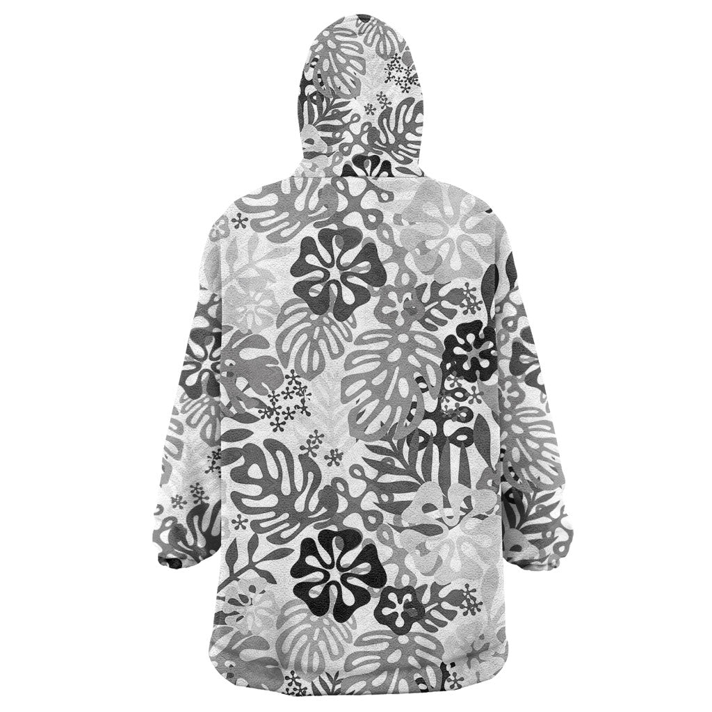 White Aloha Hawaiian Wearable Blanket Hoodie Monstera Hibiscus Tropical Pattern