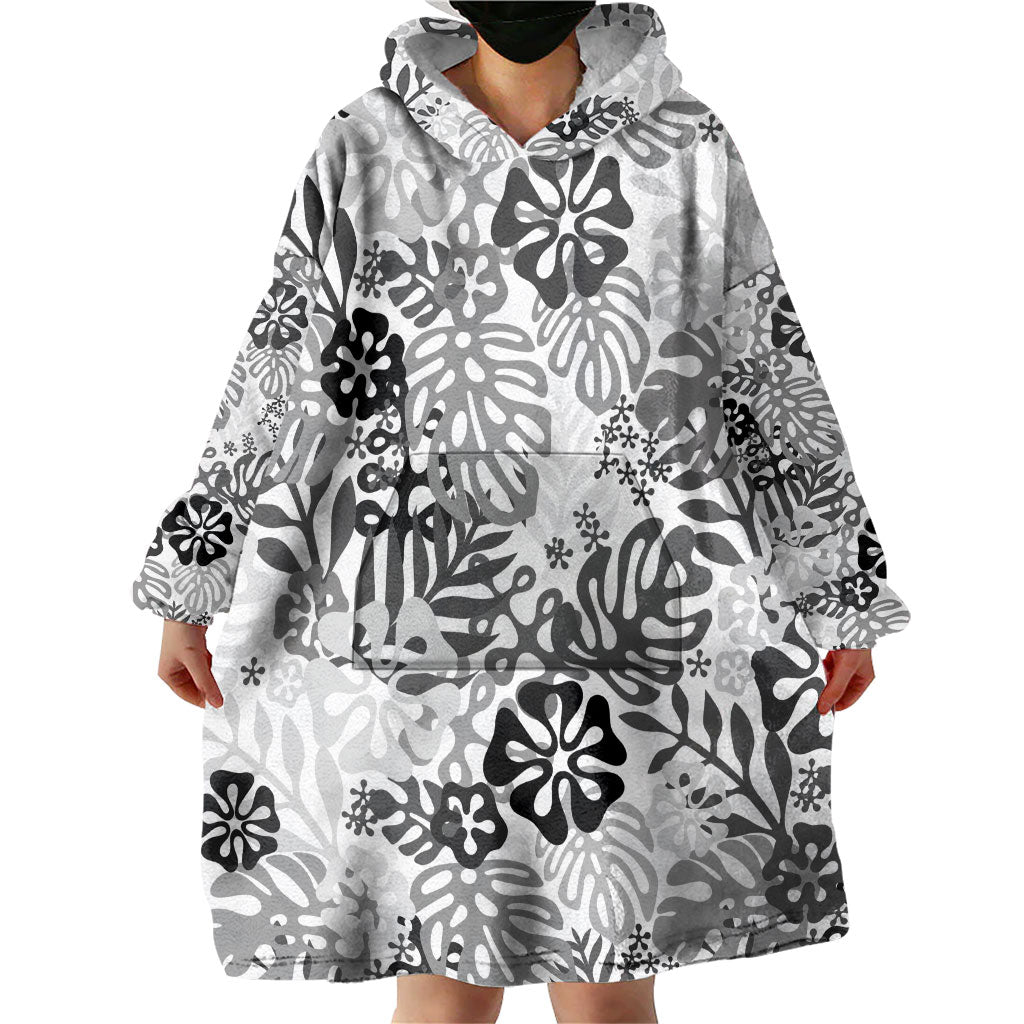 White Aloha Hawaiian Wearable Blanket Hoodie Monstera Hibiscus Tropical Pattern