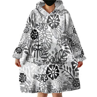White Aloha Hawaiian Wearable Blanket Hoodie Monstera Hibiscus Tropical Pattern