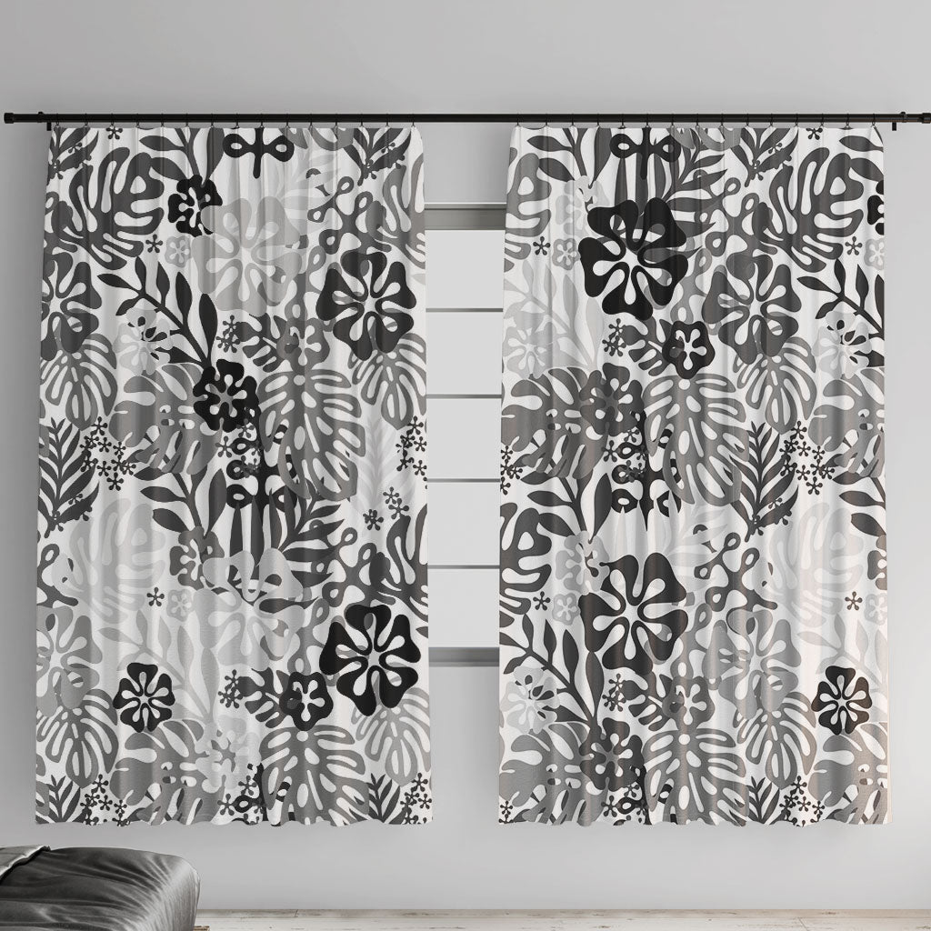 White Aloha Hawaiian Window Curtain Monstera Hibiscus Tropical Pattern
