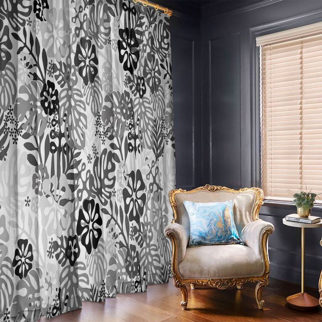 White Aloha Hawaiian Window Curtain Monstera Hibiscus Tropical Pattern