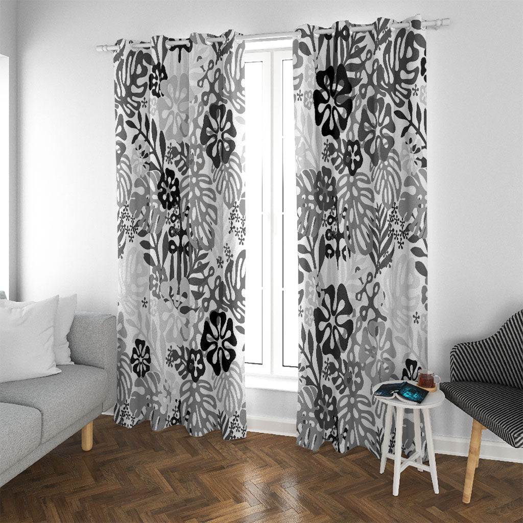White Aloha Hawaiian Window Curtain Monstera Hibiscus Tropical Pattern