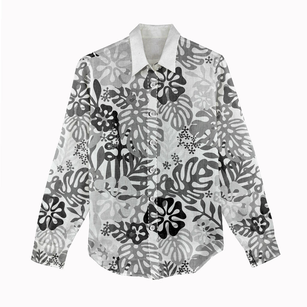 White Aloha Hawaiian Women Casual Shirt Monstera Hibiscus Tropical Pattern