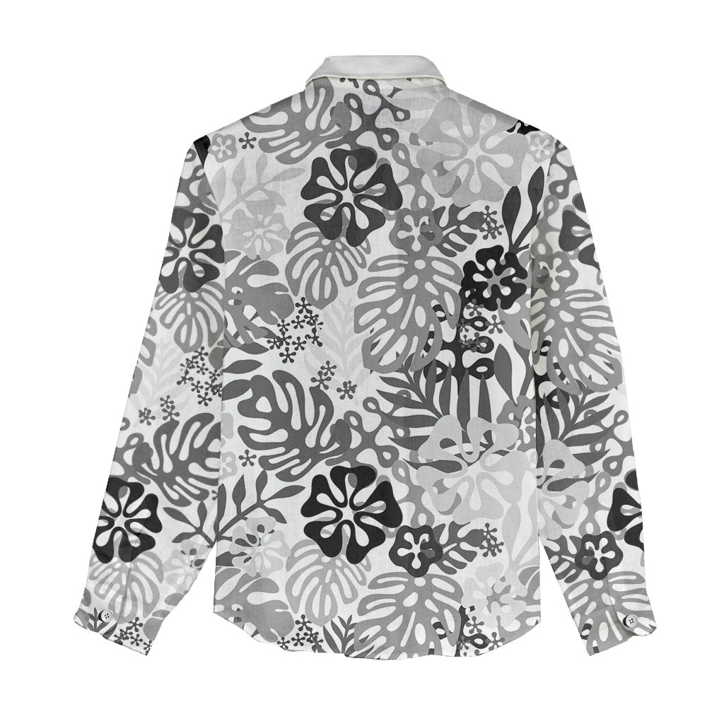 White Aloha Hawaiian Women Casual Shirt Monstera Hibiscus Tropical Pattern