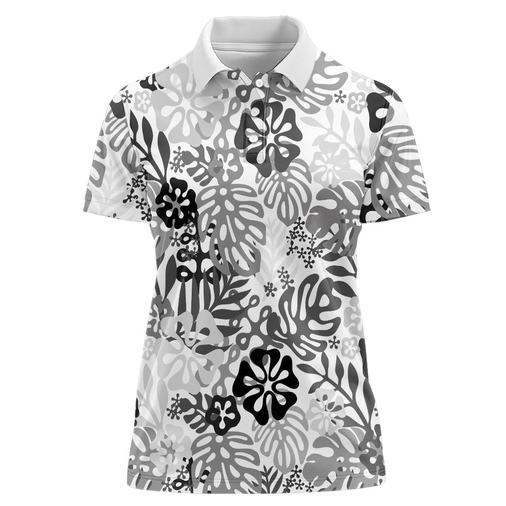 White Aloha Hawaiian Women Polo Shirt Monstera Hibiscus Tropical Pattern
