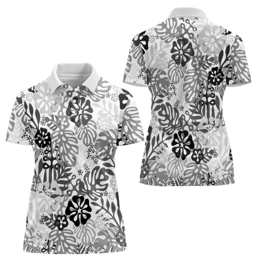 White Aloha Hawaiian Women Polo Shirt Monstera Hibiscus Tropical Pattern