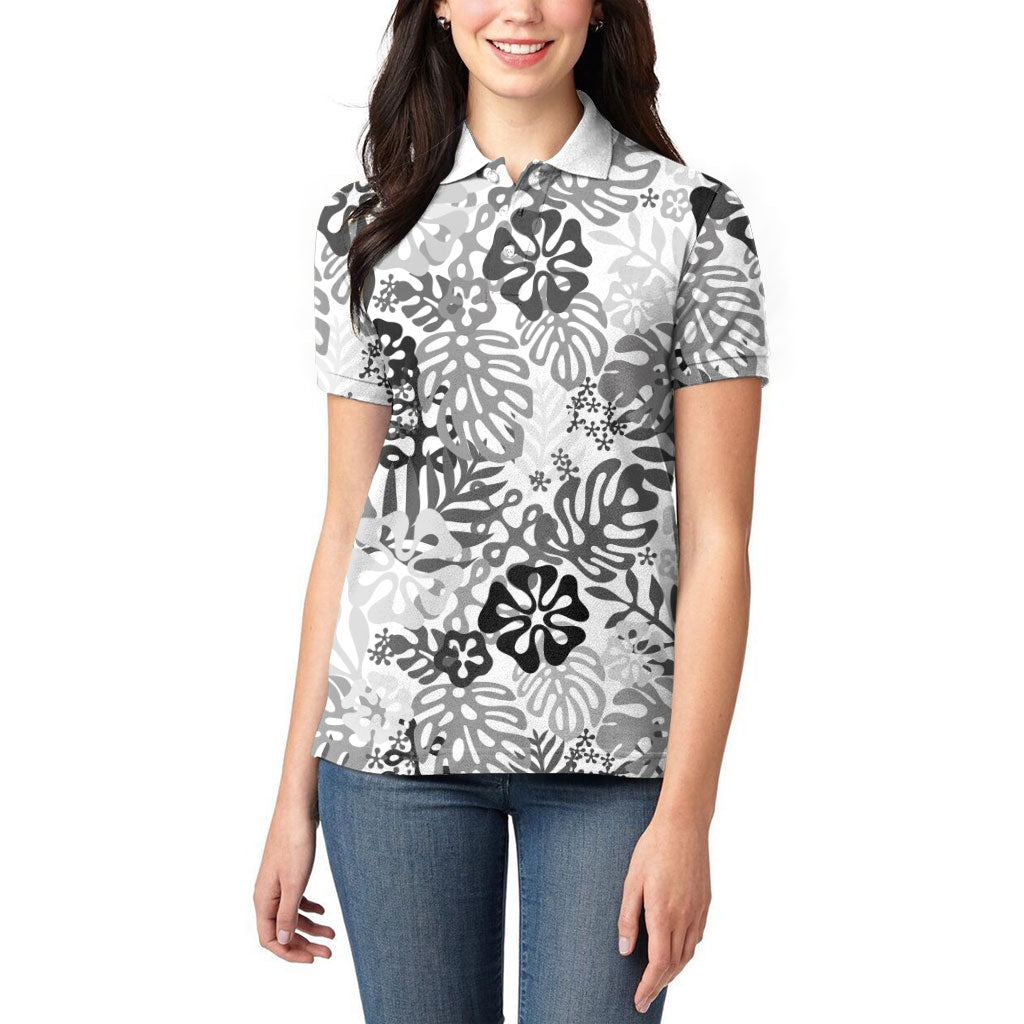 White Aloha Hawaiian Women Polo Shirt Monstera Hibiscus Tropical Pattern