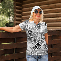 White Aloha Hawaiian Women Polo Shirt Monstera Hibiscus Tropical Pattern