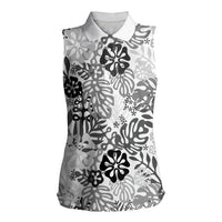 White Aloha Hawaiian Women Sleeveless Polo Shirt Monstera Hibiscus Tropical Pattern