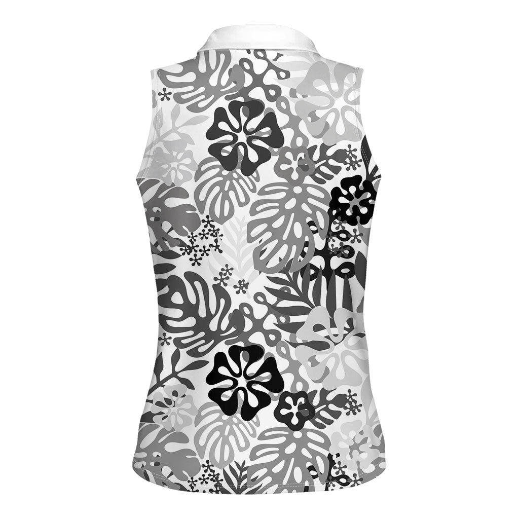 White Aloha Hawaiian Women Sleeveless Polo Shirt Monstera Hibiscus Tropical Pattern