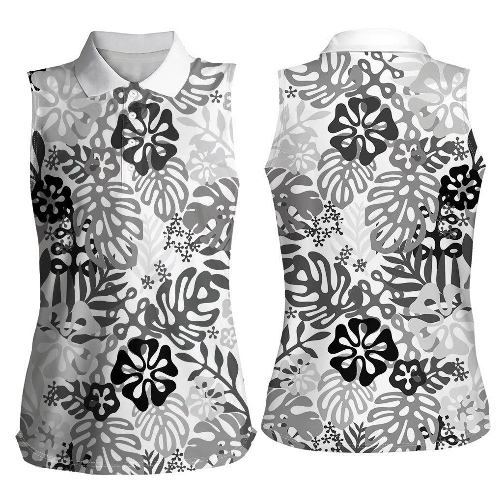 White Aloha Hawaiian Women Sleeveless Polo Shirt Monstera Hibiscus Tropical Pattern