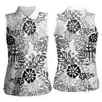 White Aloha Hawaiian Women Sleeveless Polo Shirt Monstera Hibiscus Tropical Pattern