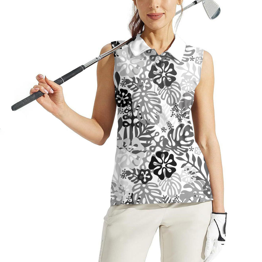 White Aloha Hawaiian Women Sleeveless Polo Shirt Monstera Hibiscus Tropical Pattern