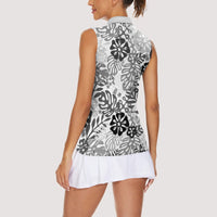 White Aloha Hawaiian Women Sleeveless Polo Shirt Monstera Hibiscus Tropical Pattern