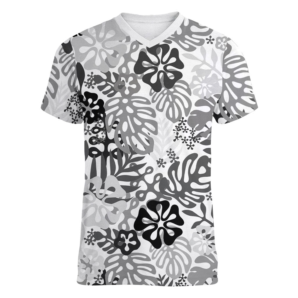 White Aloha Hawaiian Women V-Neck T-Shirt Monstera Hibiscus Tropical Pattern