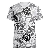 White Aloha Hawaiian Women V-Neck T-Shirt Monstera Hibiscus Tropical Pattern