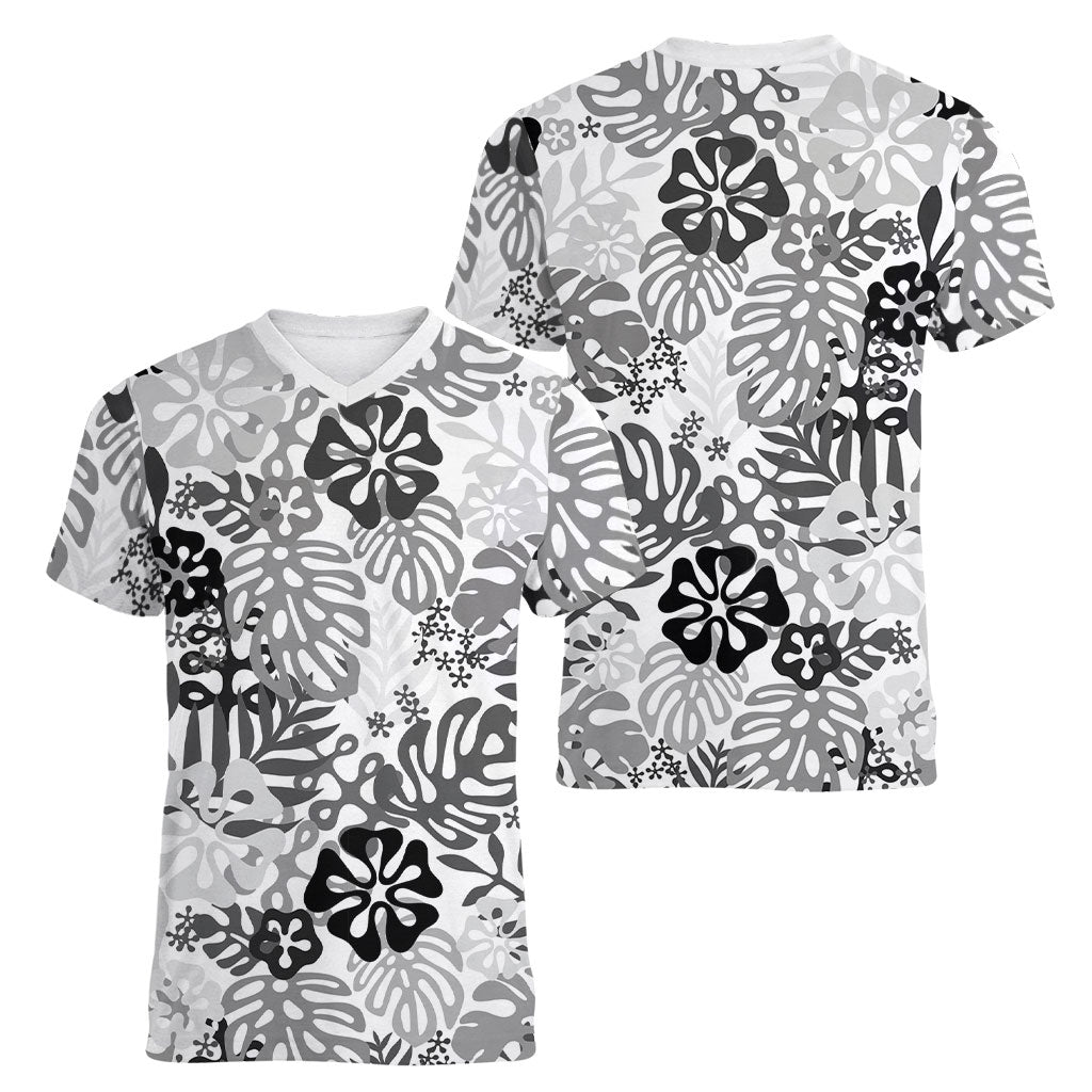 White Aloha Hawaiian Women V-Neck T-Shirt Monstera Hibiscus Tropical Pattern