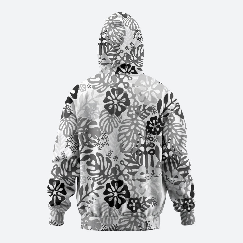 White Aloha Hawaiian Zip Hoodie Monstera Hibiscus Tropical Pattern