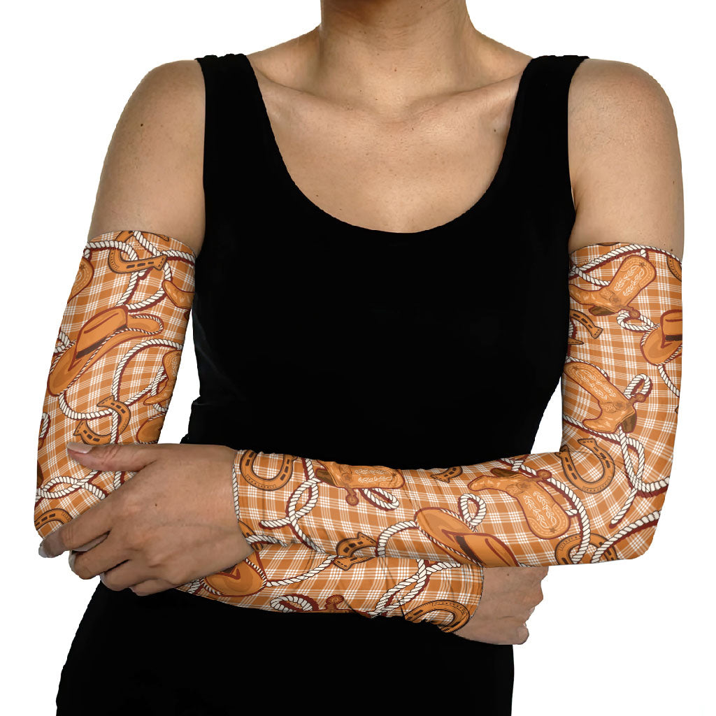 Brown Hawaii Palaka Cowboy Arm Sleeves Hawaiian Paniolo Festival Spirit