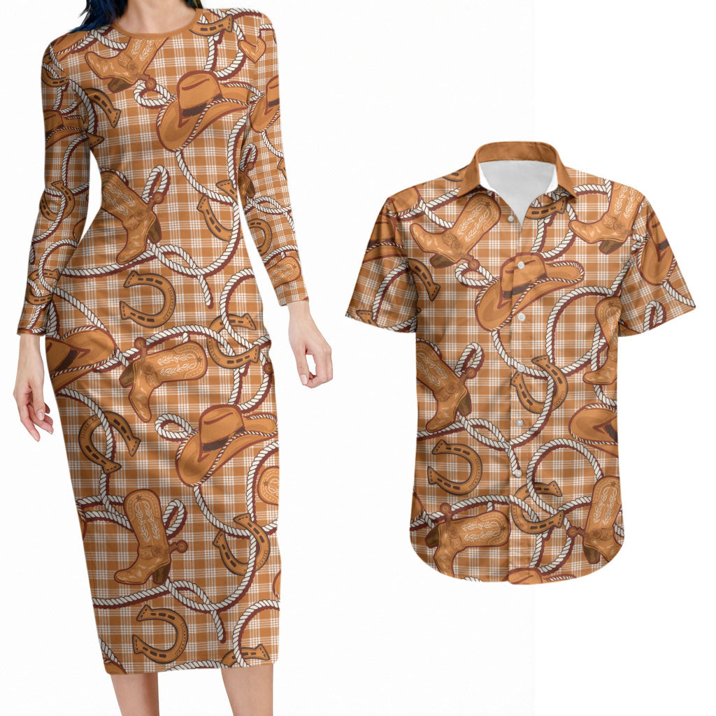 Brown Hawaii Palaka Cowboy Couples Matching Long Sleeve Bodycon Dress and Hawaiian Shirt Hawaiian Paniolo Festival Spirit