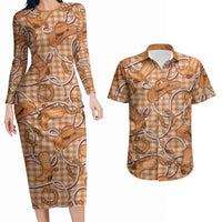 Brown Hawaii Palaka Cowboy Couples Matching Long Sleeve Bodycon Dress and Hawaiian Shirt Hawaiian Paniolo Festival Spirit