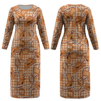 Brown Hawaii Palaka Cowboy Couples Matching Long Sleeve Bodycon Dress and Hawaiian Shirt Hawaiian Paniolo Festival Spirit