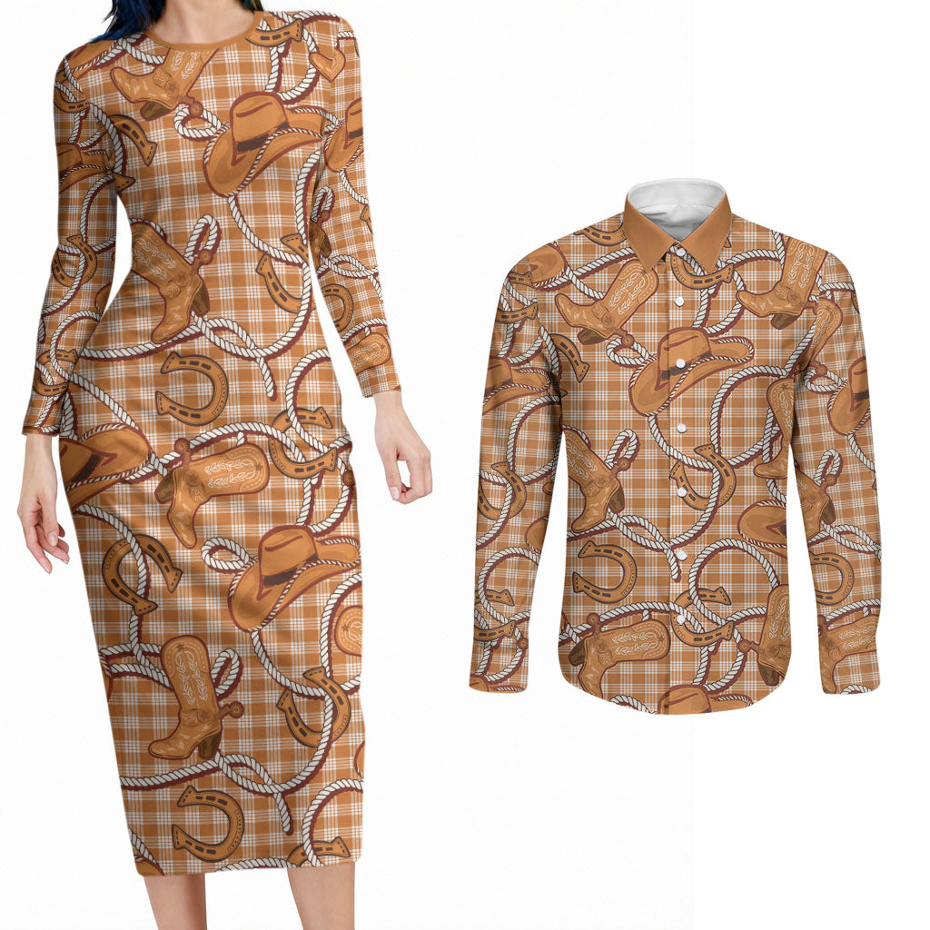 Brown Hawaii Palaka Cowboy Couples Matching Long Sleeve Bodycon Dress and Long Sleeve Button Shirt Hawaiian Paniolo Festival Spirit