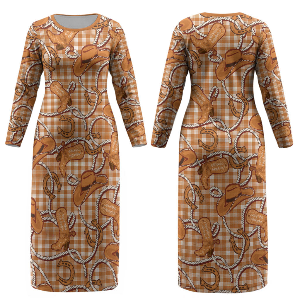 Brown Hawaii Palaka Cowboy Couples Matching Long Sleeve Bodycon Dress and Long Sleeve Button Shirt Hawaiian Paniolo Festival Spirit
