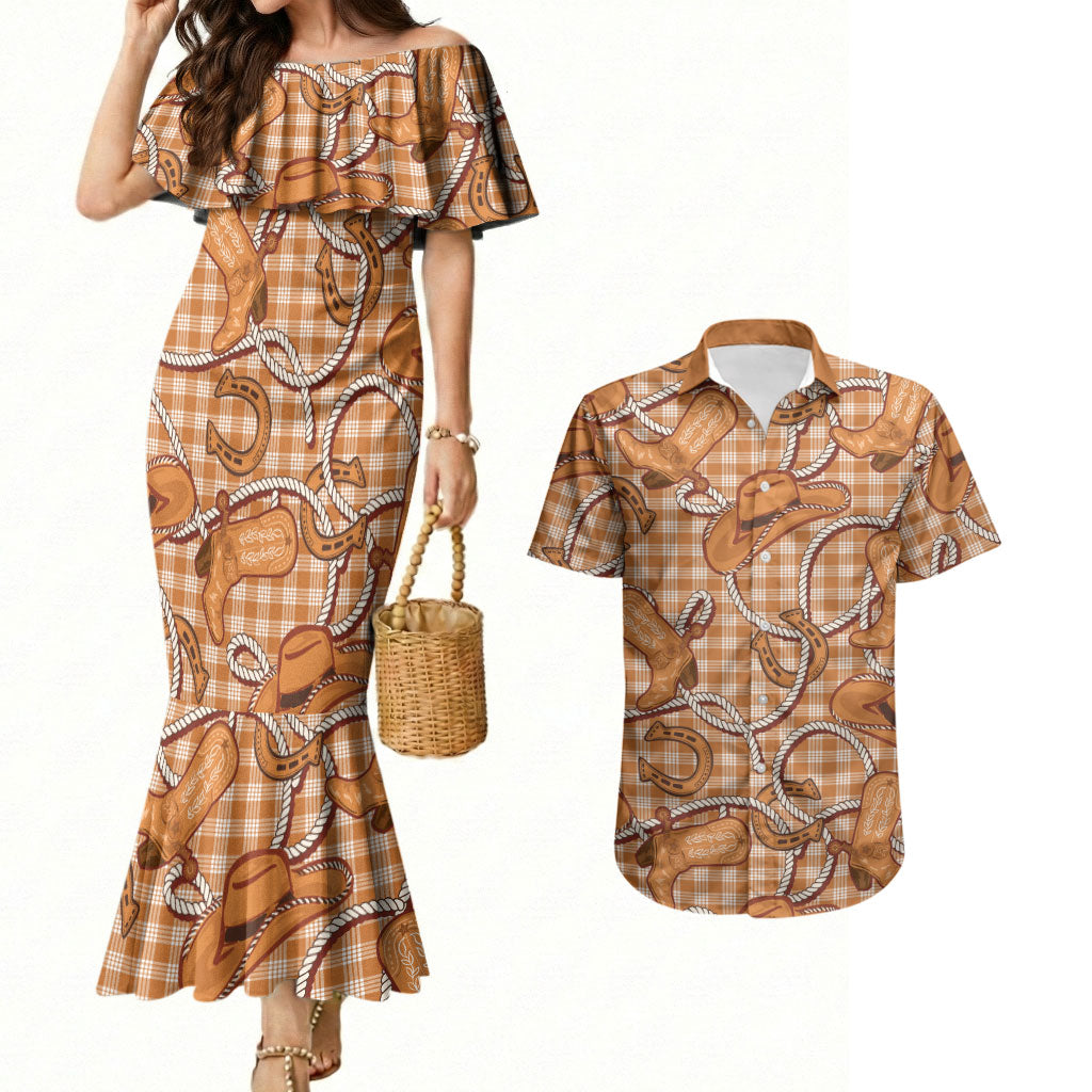 Brown Hawaii Palaka Cowboy Couples Matching Mermaid Dress and Hawaiian Shirt Hawaiian Paniolo Festival Spirit